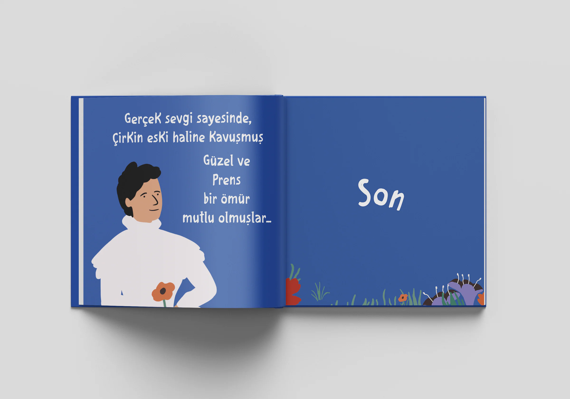 Closing spread: the prince in a white ruffled shirt holding a red flower, and a blue page reading Son (The End) above flowers.