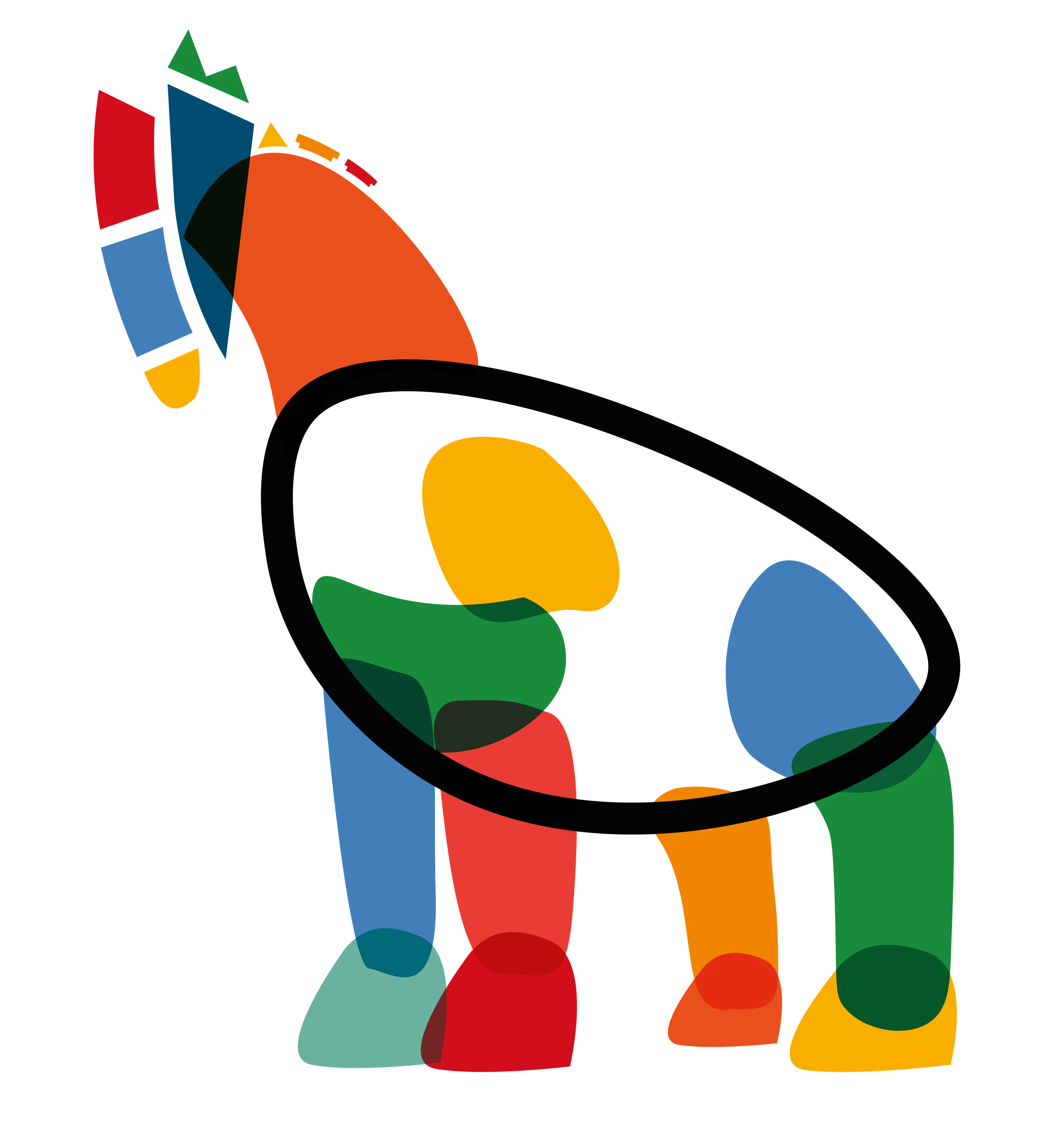 The horse illustration alone: overlapping red, blue, orange, green and yellow shapes, with a thick black oval outlining the body.