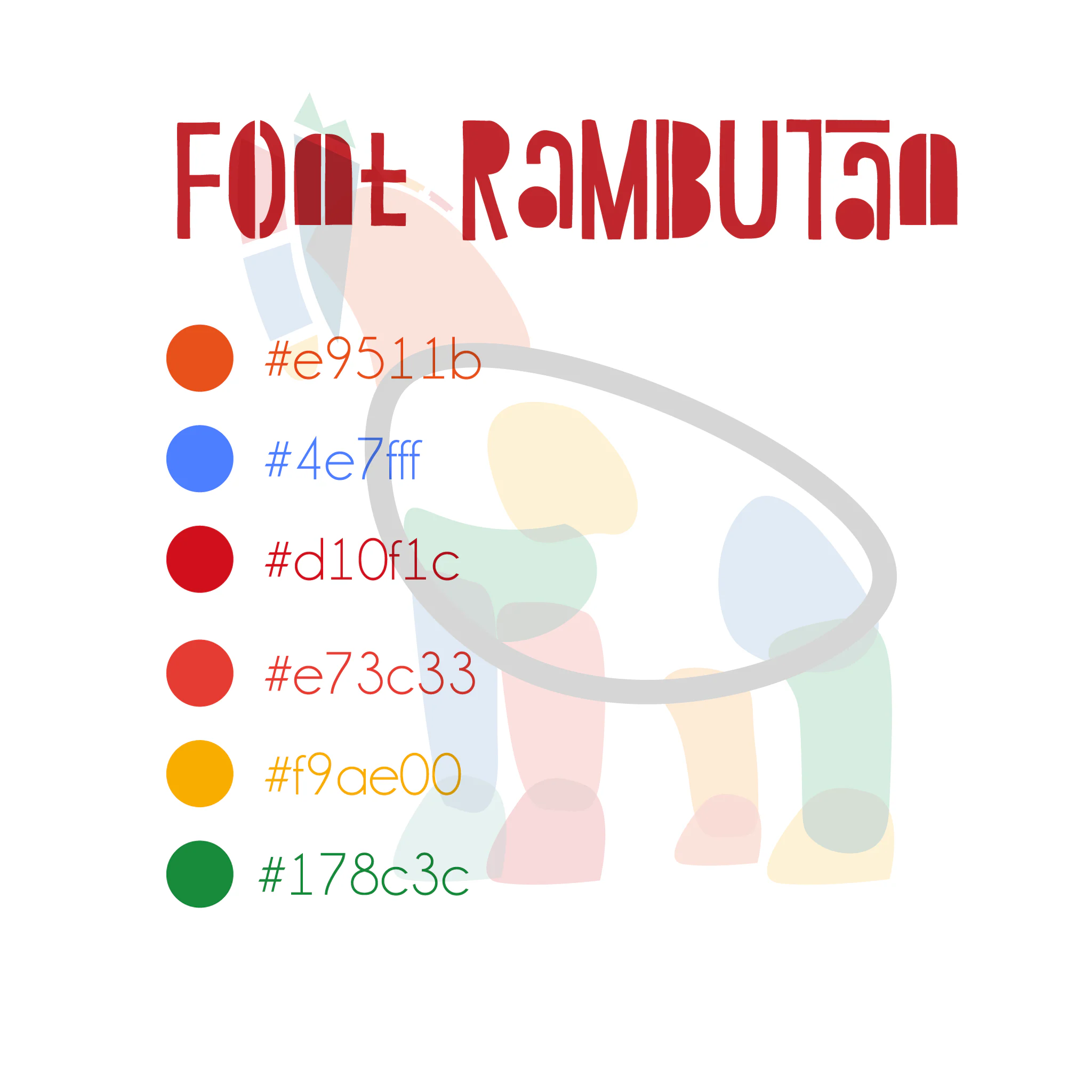Reference sheet headed Font Rambutan in red, with six colour dots and their hex codes over a faded copy of the horse.