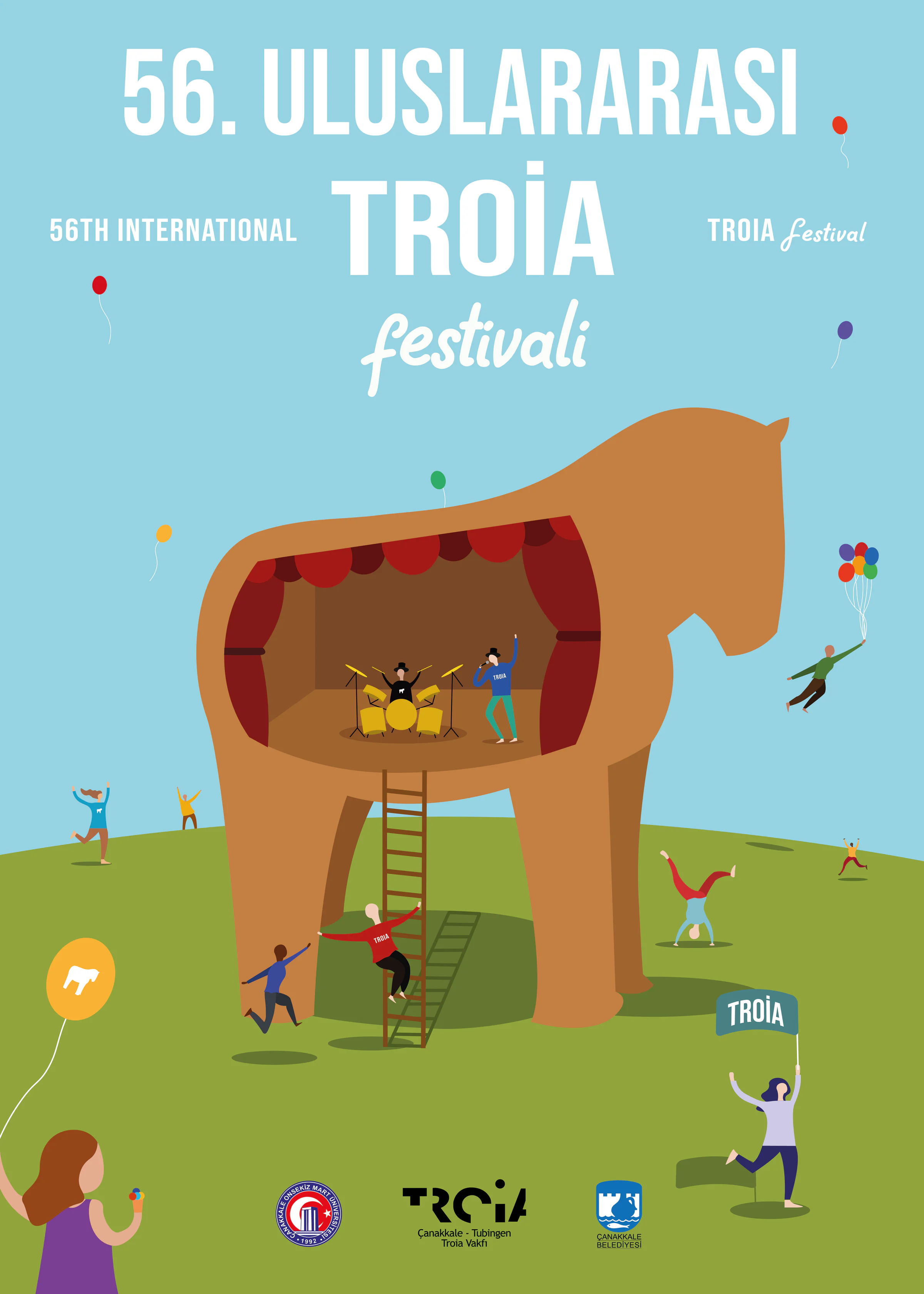 Poster: '56. Uluslararası Troia Festivali' over a wooden horse with a drummer and singer on a stage in its belly, people dancing on a hill.