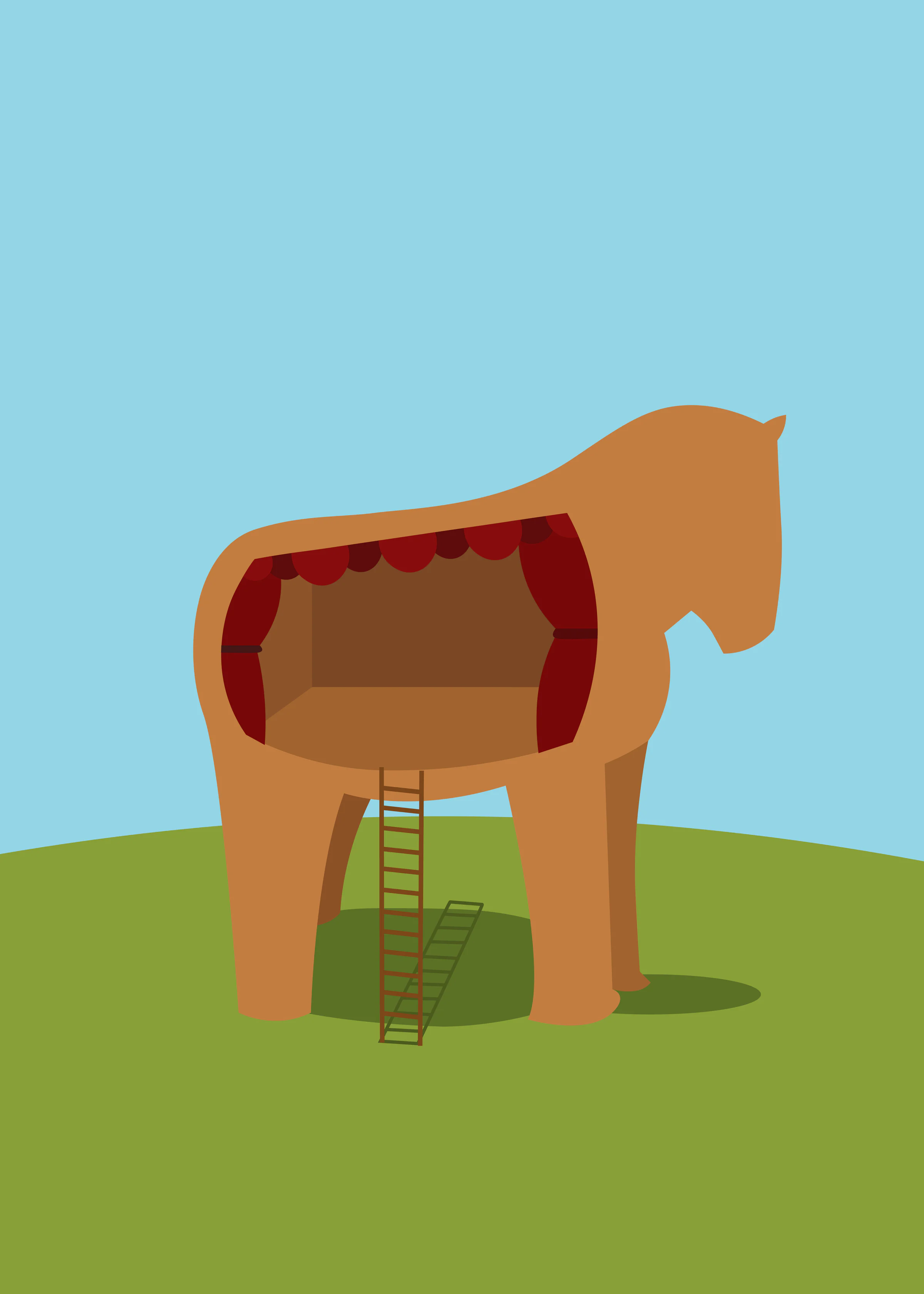 The horse illustration alone: a flat brown horse with a red-curtained stage cut into its body and a ladder, on a green hill.