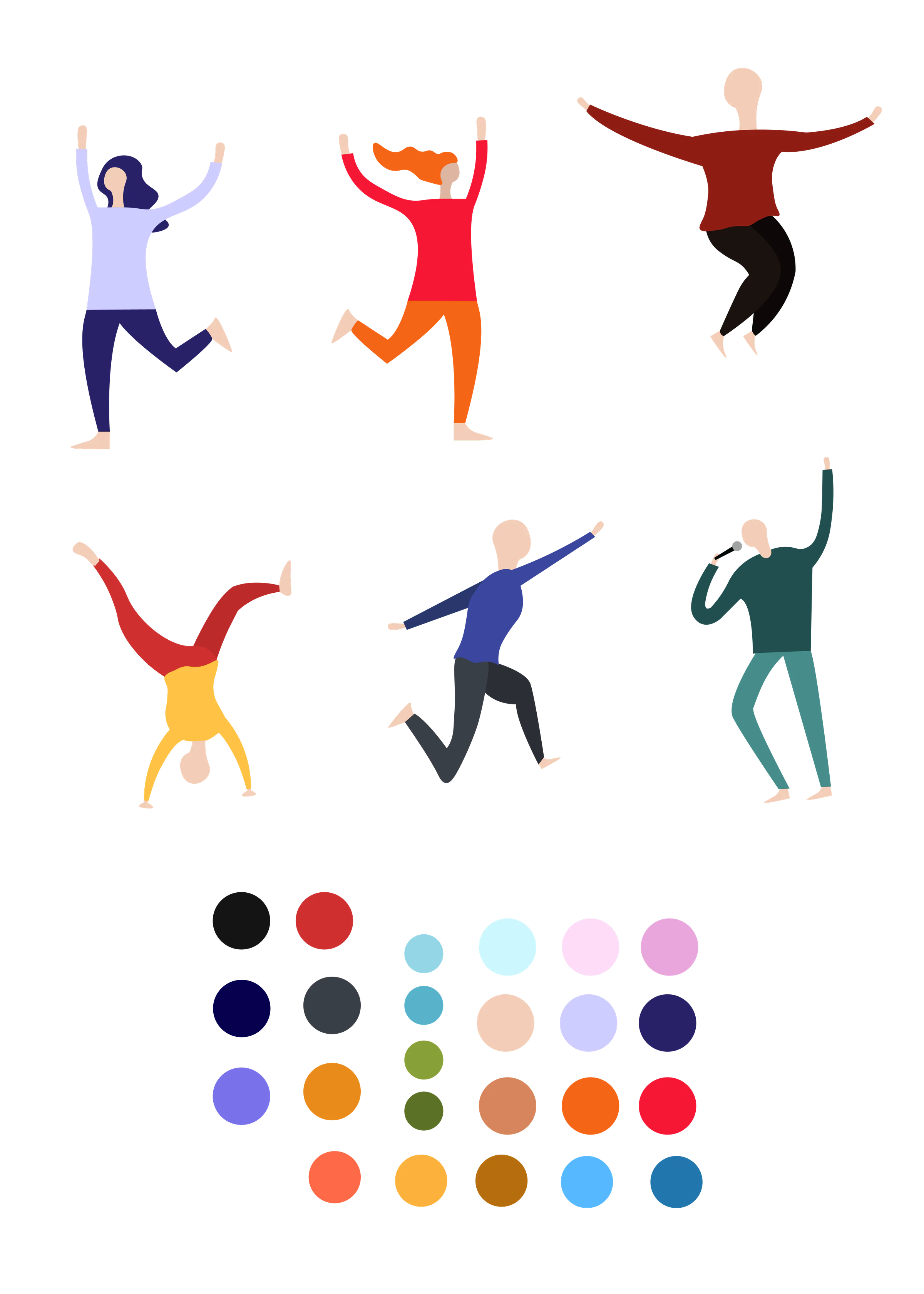 Six flat illustrated figures dancing, cartwheeling and singing into a microphone, above a grid of colour palette dots.