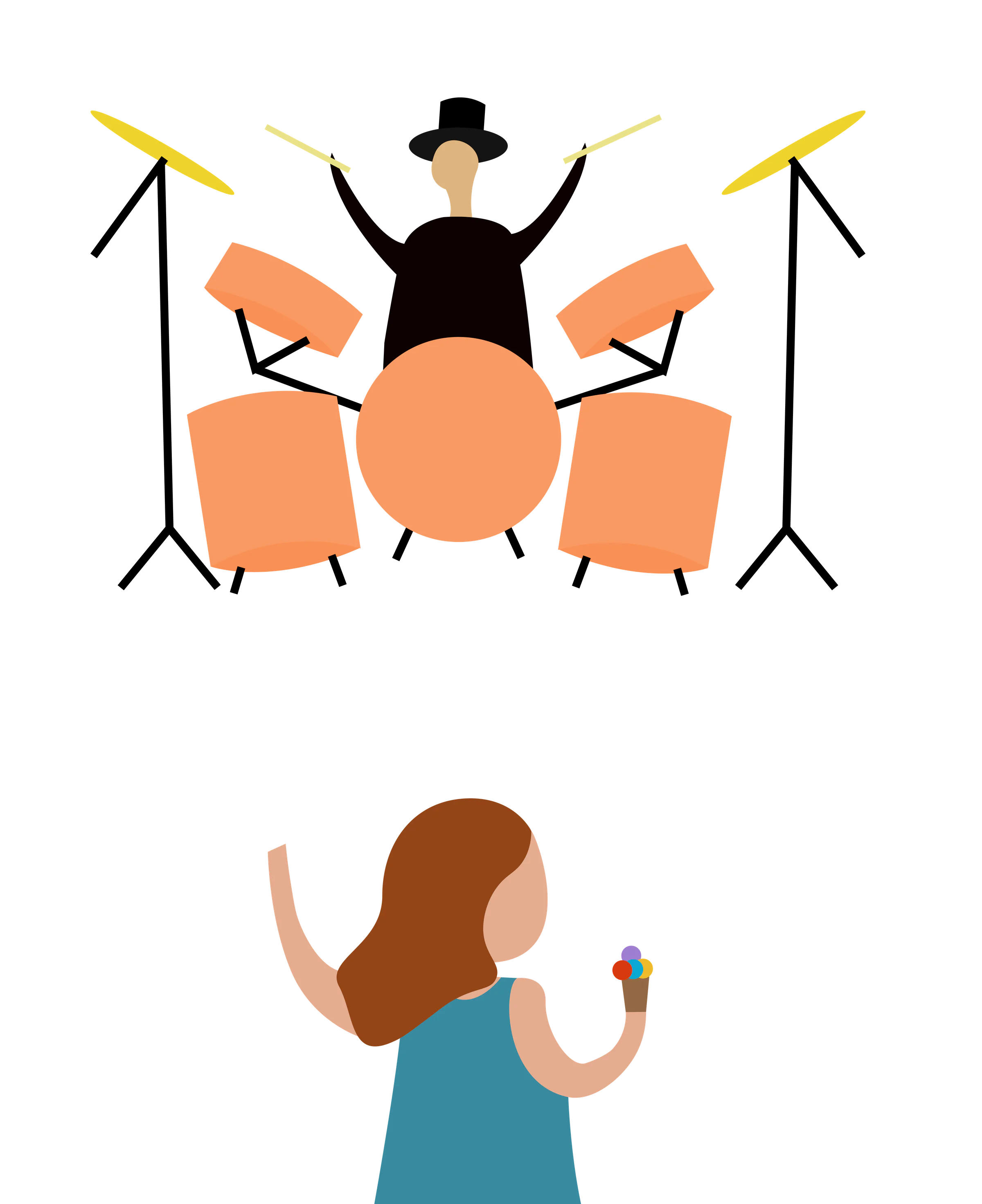 Character details: a drummer in a top hat behind an orange drum kit, and a figure with long brown hair holding an ice cream cone.