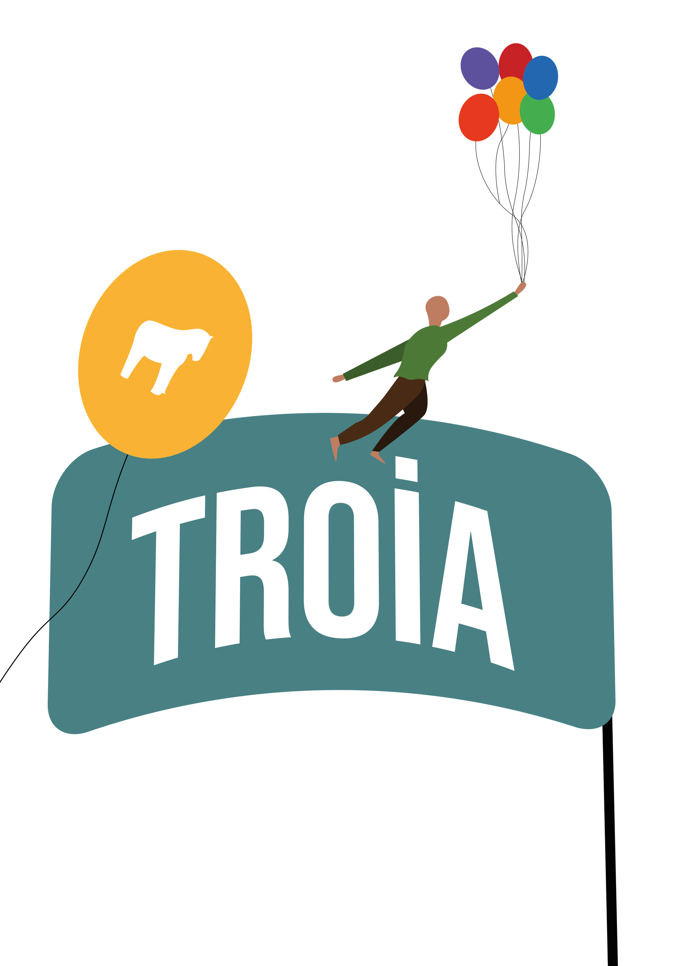 Detail of a teal TROIA flag, a yellow balloon with a white horse icon, and a man floating away on a bunch of balloons.