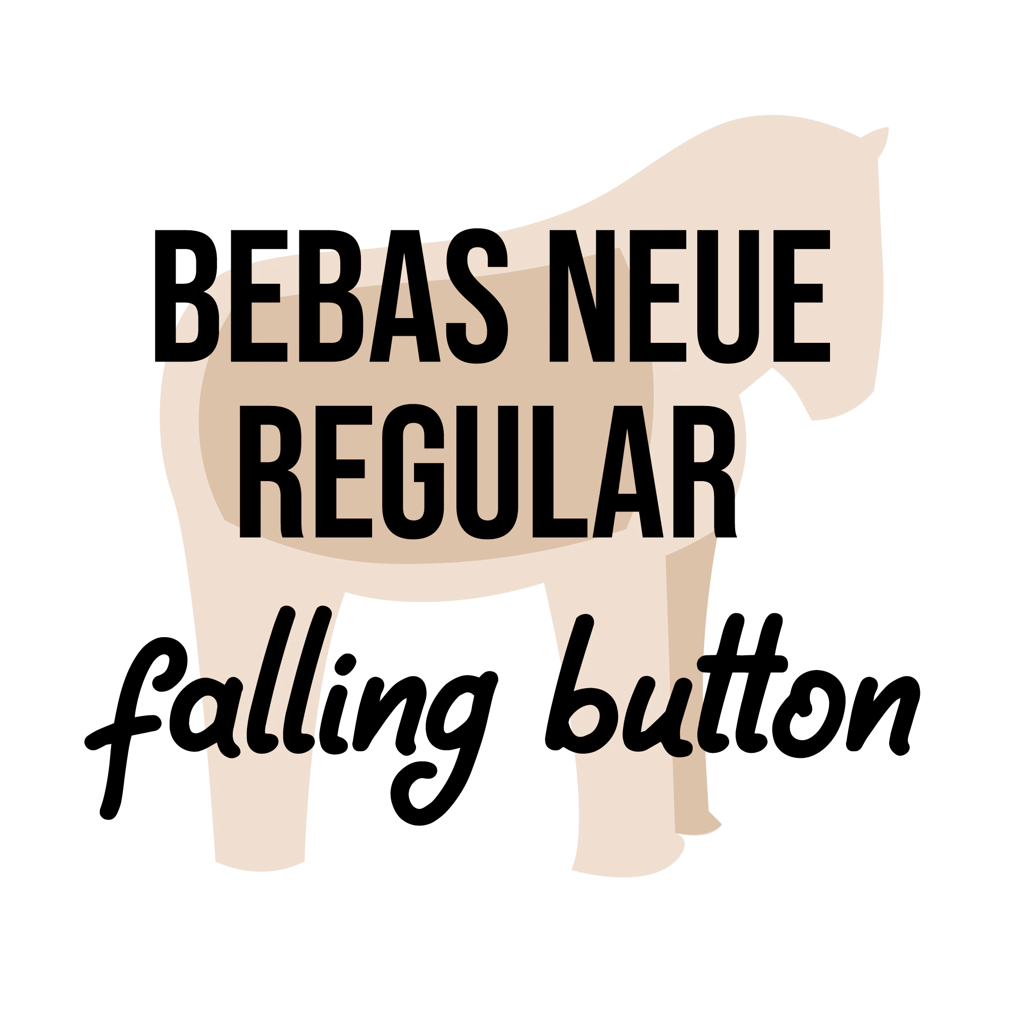 Type specimen: Bebas Neue Regular and a script face labelled 'falling button', set over a pale horse silhouette.