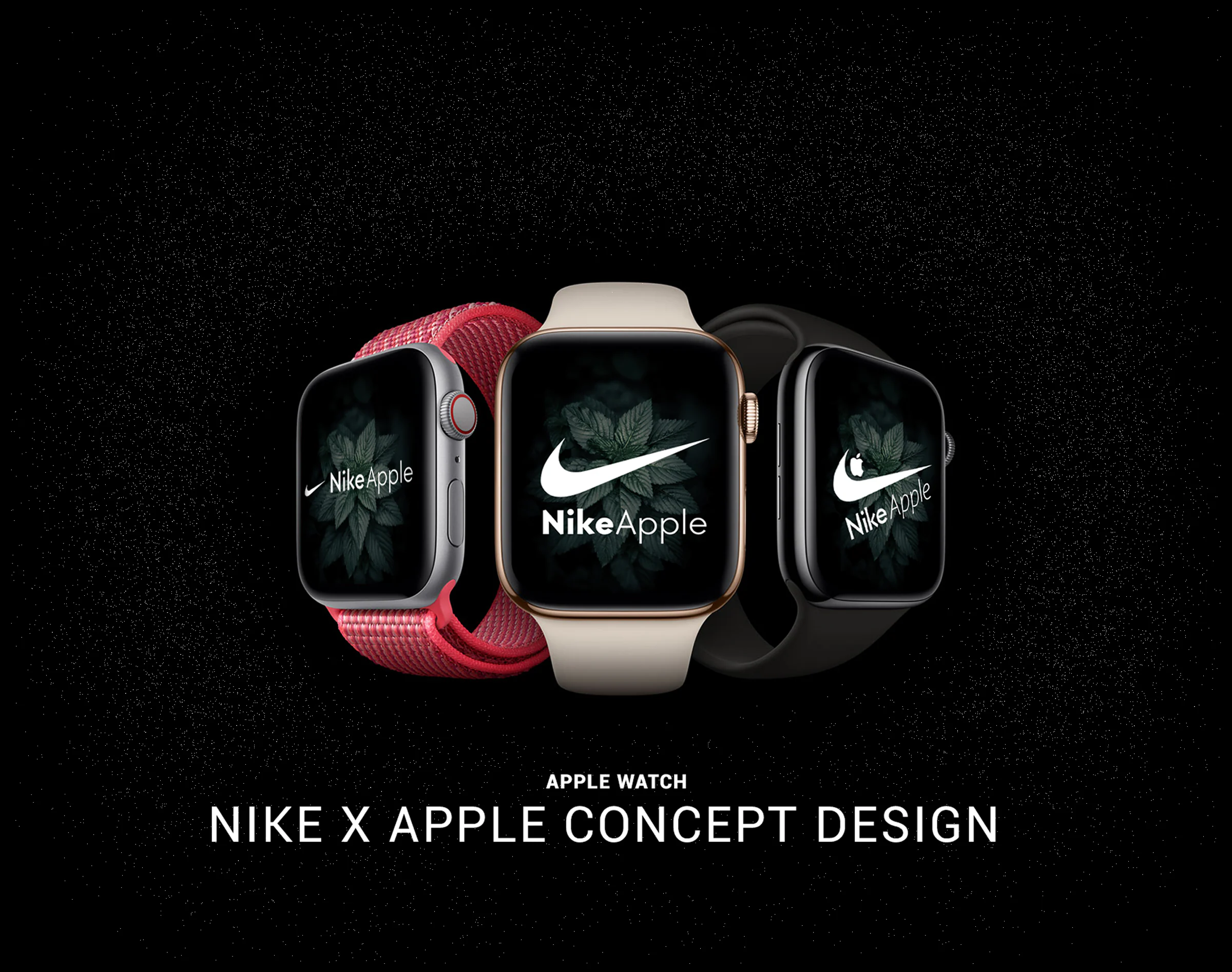 Three Apple Watches in silver, gold and black cases with red, cream and black bands, each face showing a NikeApple logo over dark leaves.