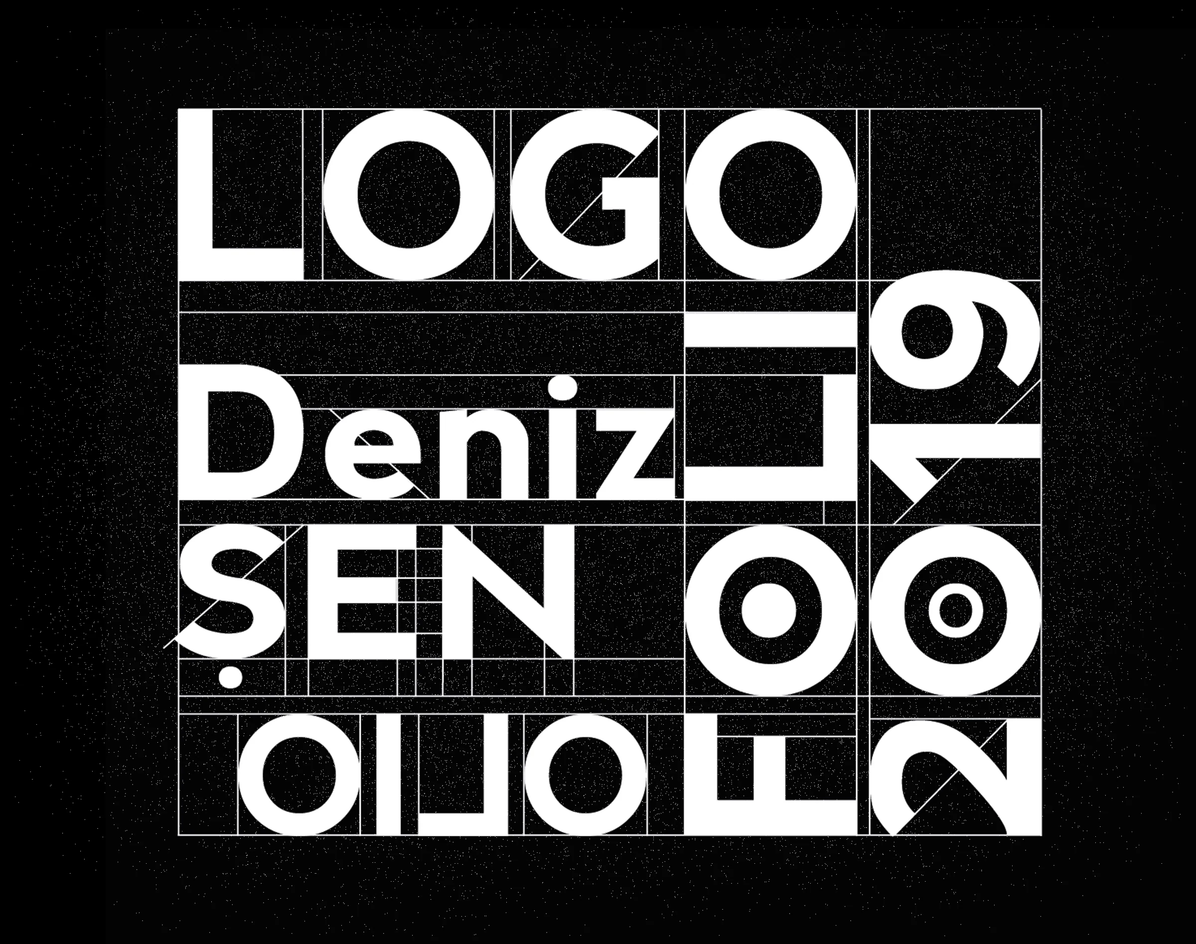 White type on grainy black inside thin grid lines: LOGO on top, Deniz ŞEN at left, FOLIO turned and flipped, 2019 running up the right.