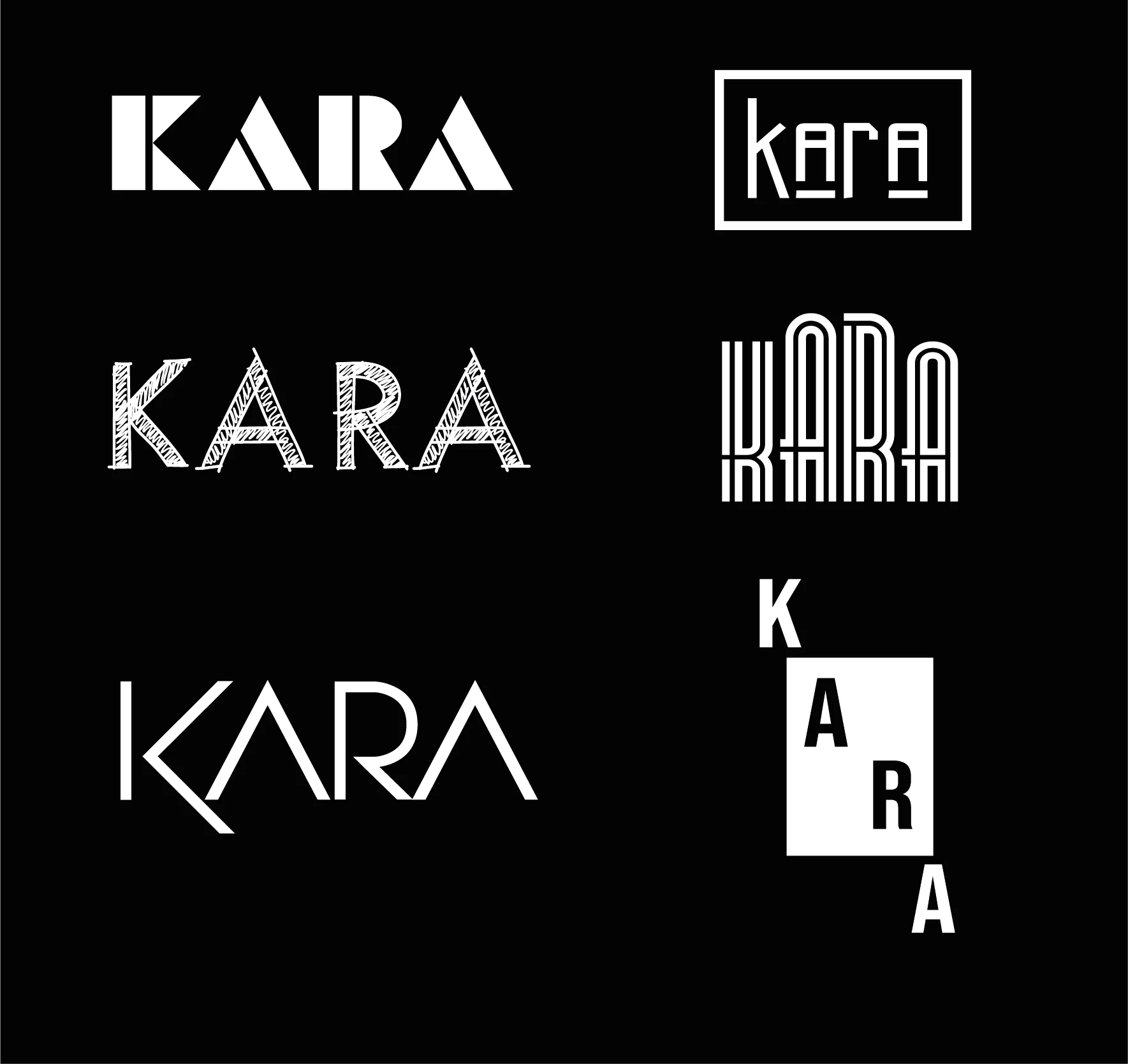 Six KARA wordmarks in white on black: stencil, framed lowercase, sketch-hatched, striped, thin-line, letters stepping across a rectangle.