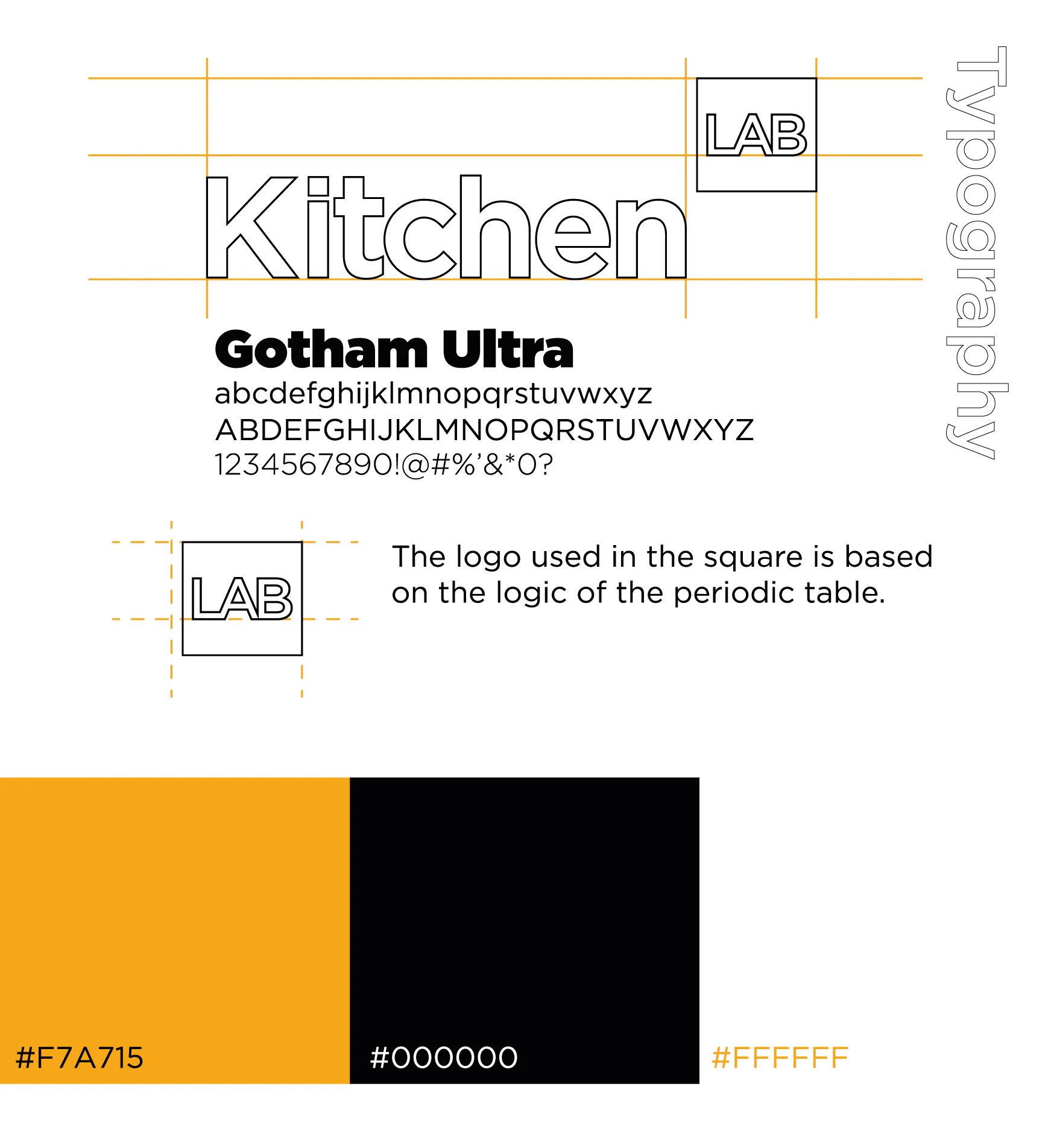Brand sheet: outlined Kitchen wordmark on a construction grid, Gotham Ultra specimen, LAB square and orange, black and white swatches.