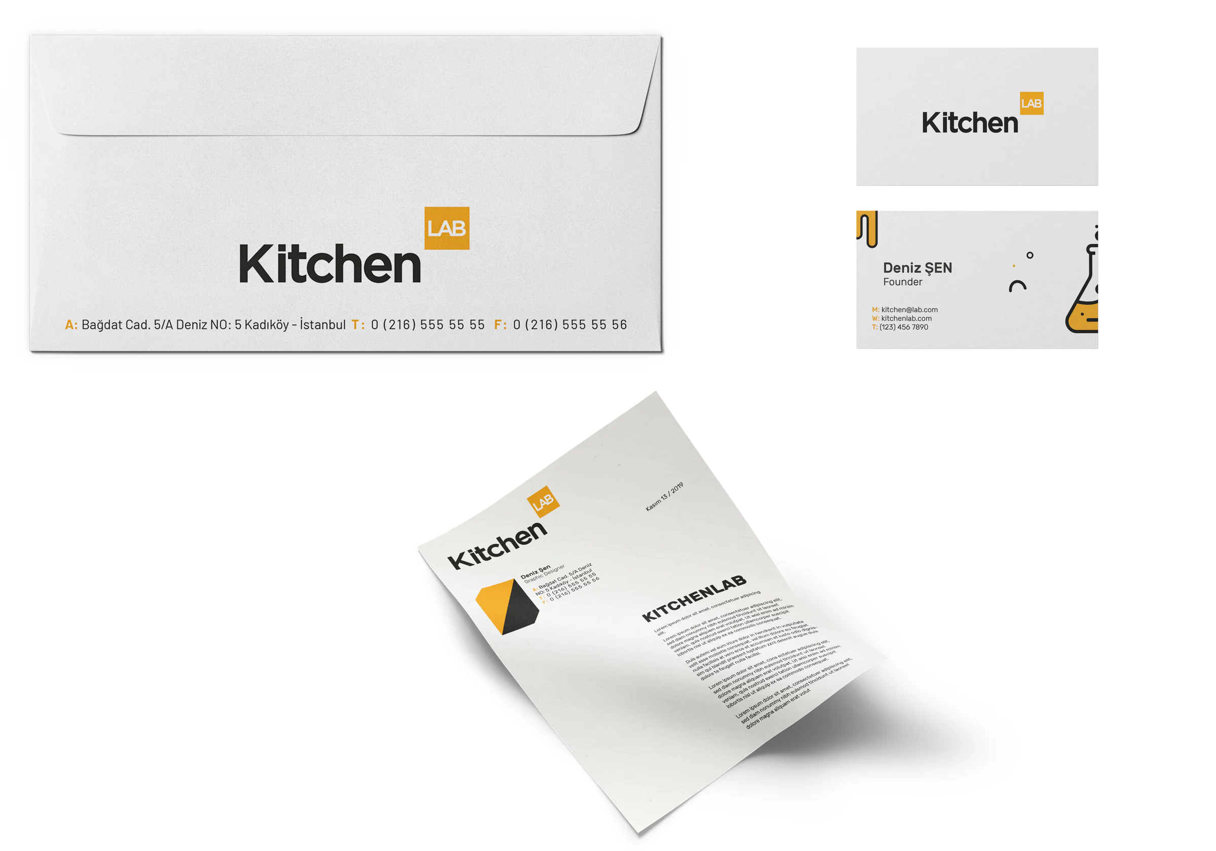 Stationery mockup: KitchenLAB envelope, both sides of a business card with a flask illustration, and a letterhead.