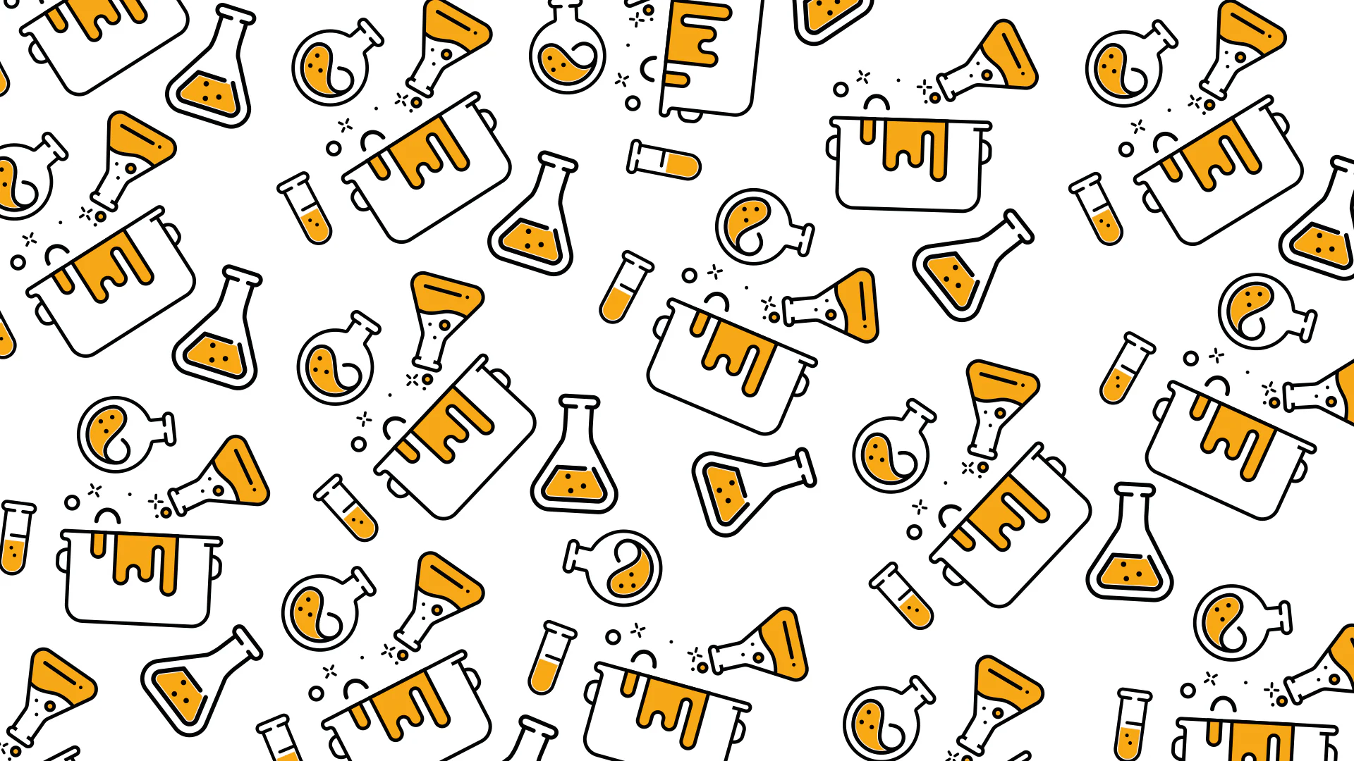 Repeat pattern of line-drawn flasks, test tubes and cooking pots filled with orange on a white background.