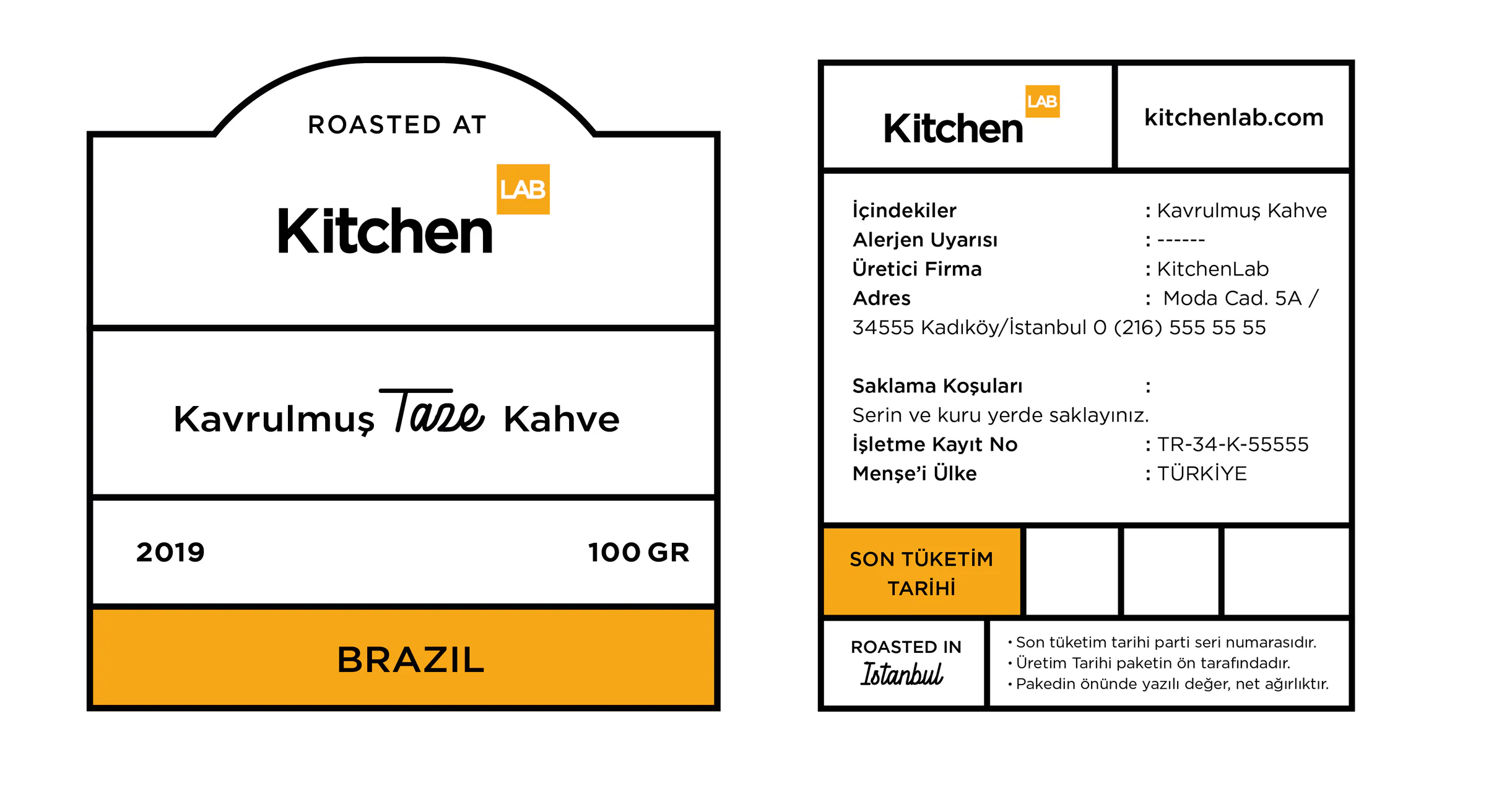 Coffee pouch label artwork: front reads Roasted at KitchenLAB, Kavrulmuş Taze Kahve, Brazil; back lists product details in Turkish.