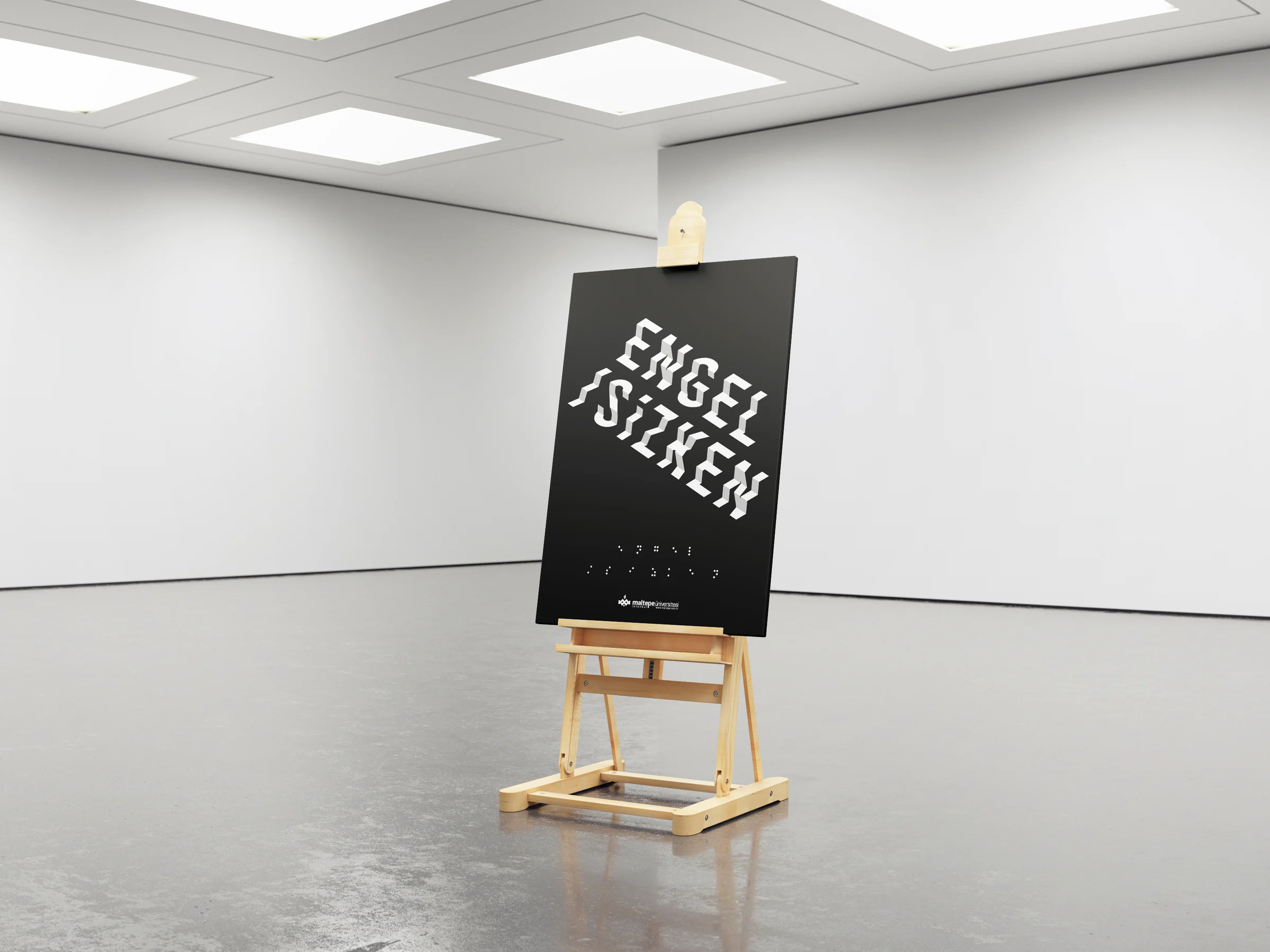 Mockup of the black EngelSizken poster on a wooden easel in an empty white room with square ceiling light panels.
