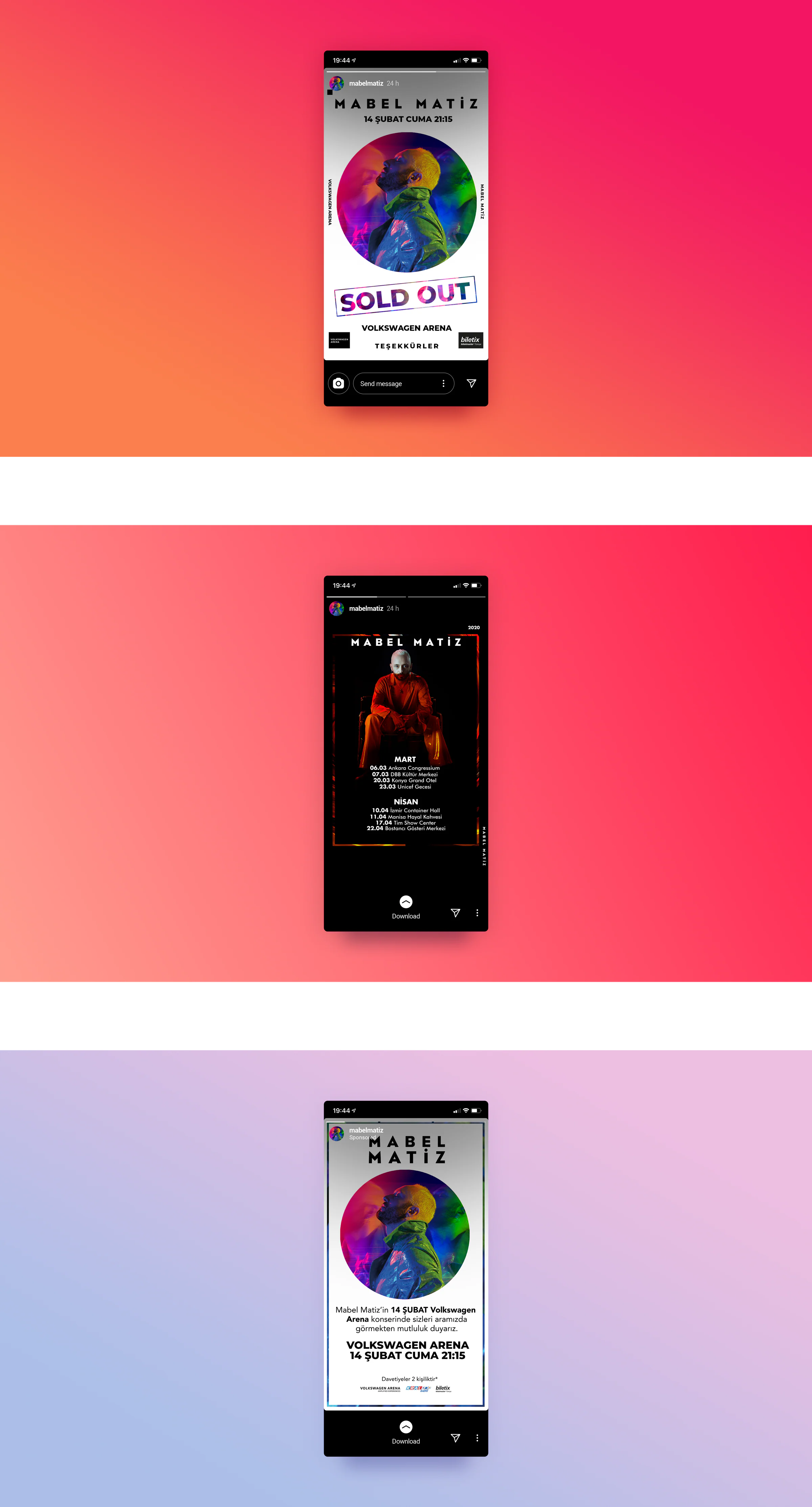 Three Instagram story mockups: a sold-out Volkswagen Arena story, a 2020 tour-date list and a sponsored invitation story.