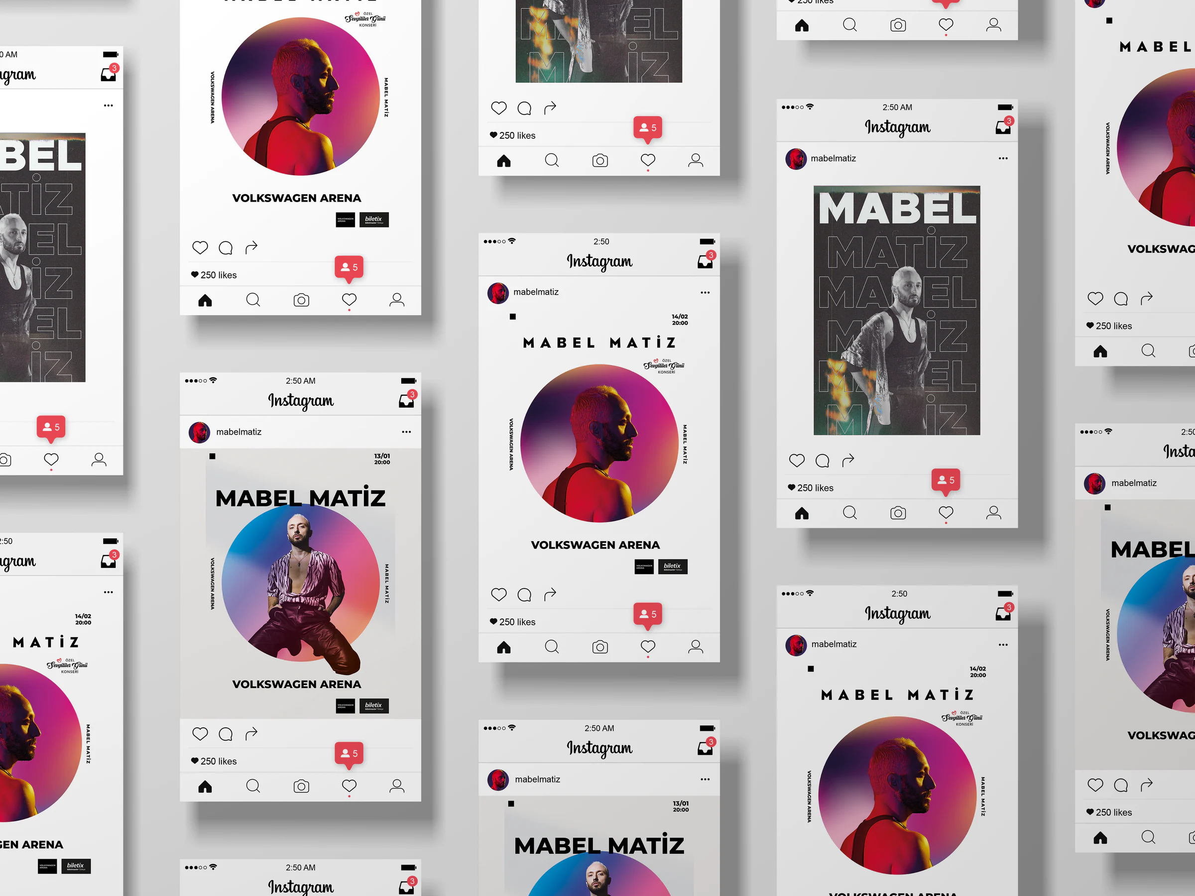 Grid of Instagram post mockups: Volkswagen Arena concert posts with circular red, pink and blue portraits, and a stacked-name type poster.