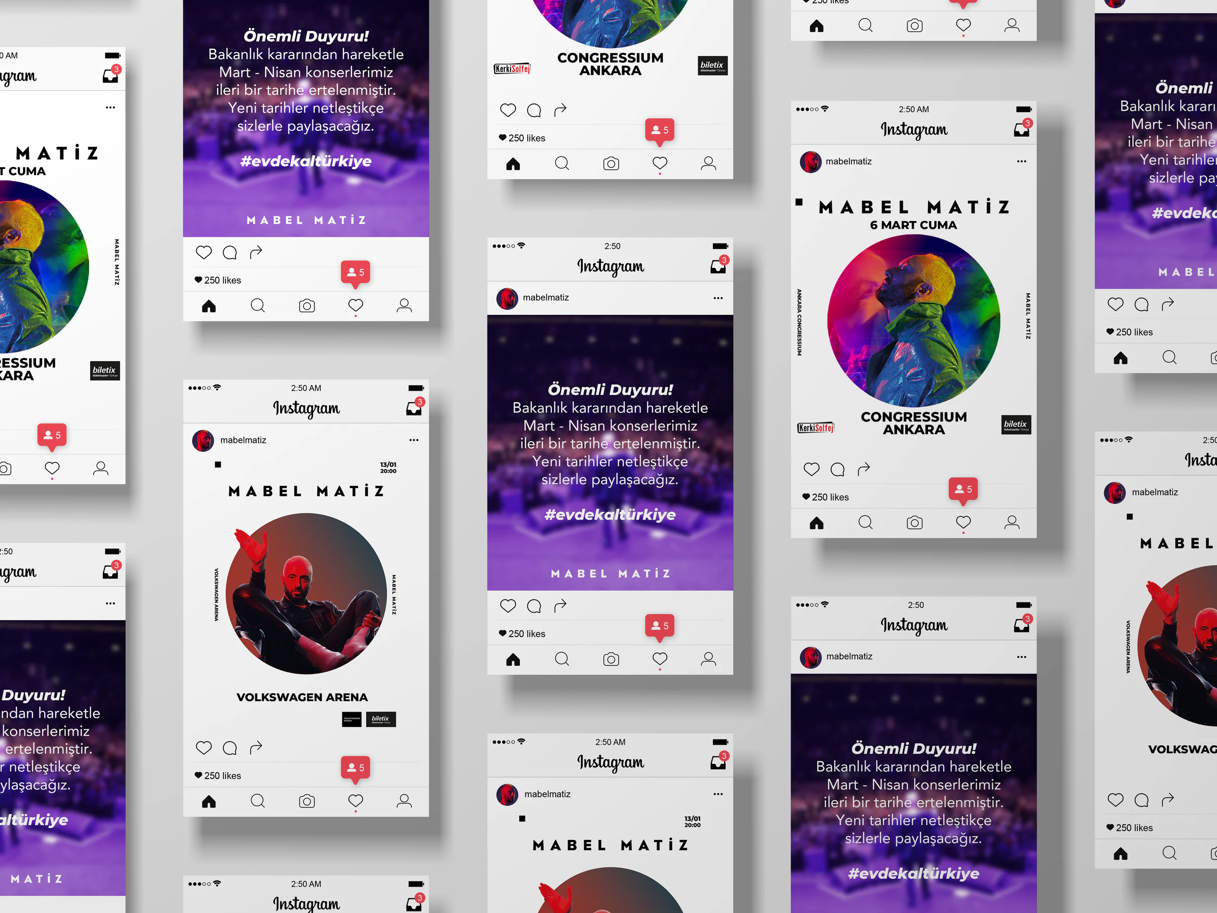 Grid of Instagram post mockups mixing circular concert portraits with purple postponement notices tagged #evdekaltürkiye.