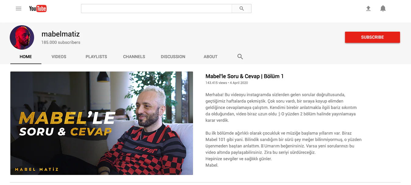 YouTube channel page mockup for mabelmatiz with a Mabel'le Soru & Cevap thumbnail in yellow and white type.