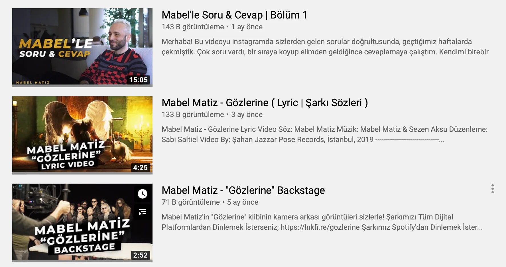 Three YouTube thumbnails with large type: a Q&A episode, the Gözlerine lyric video and the Gözlerine backstage clip.