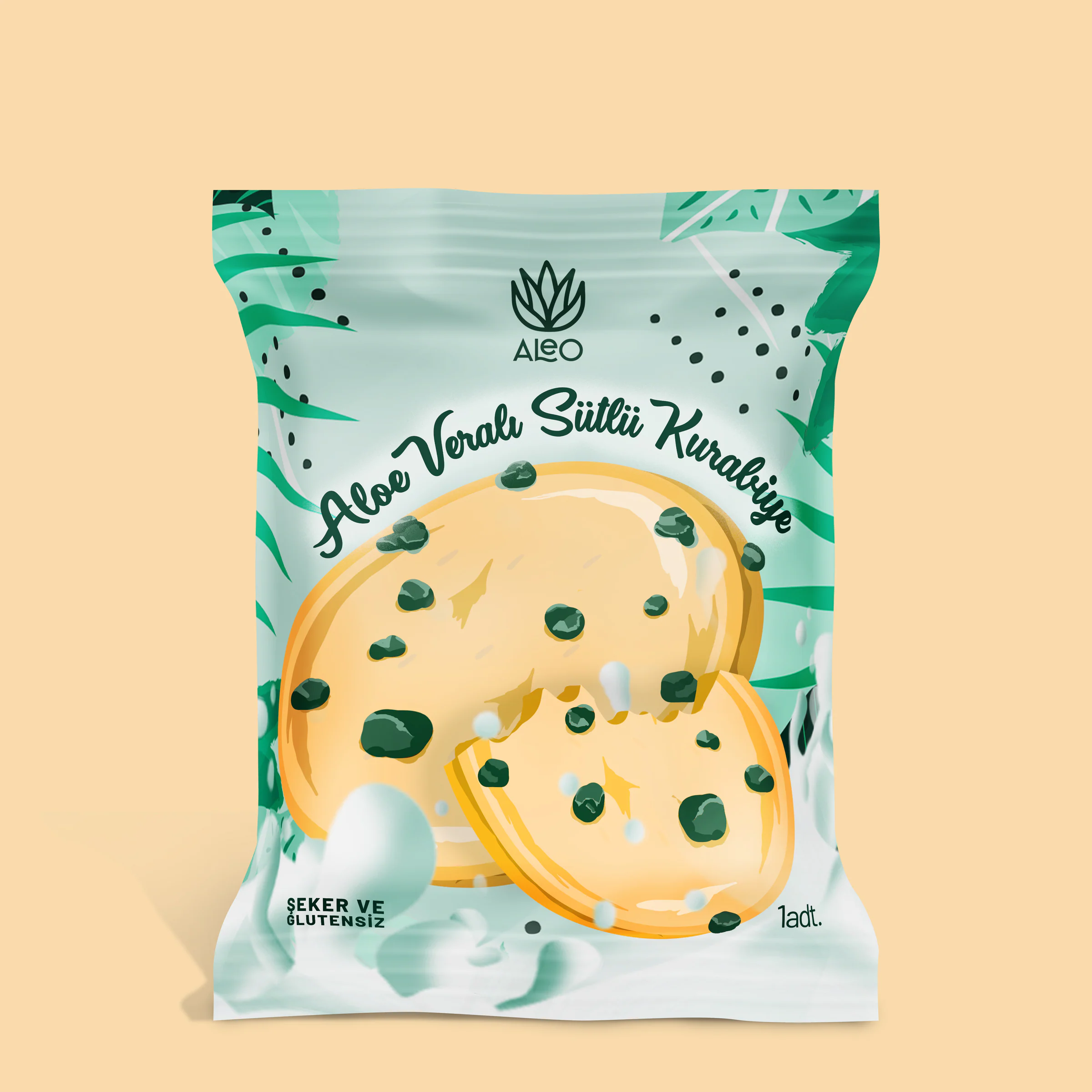 Front of the Aleo cookie pouch with illustrated green-flecked cookies, long green leaves and milk splashes on a mint background.