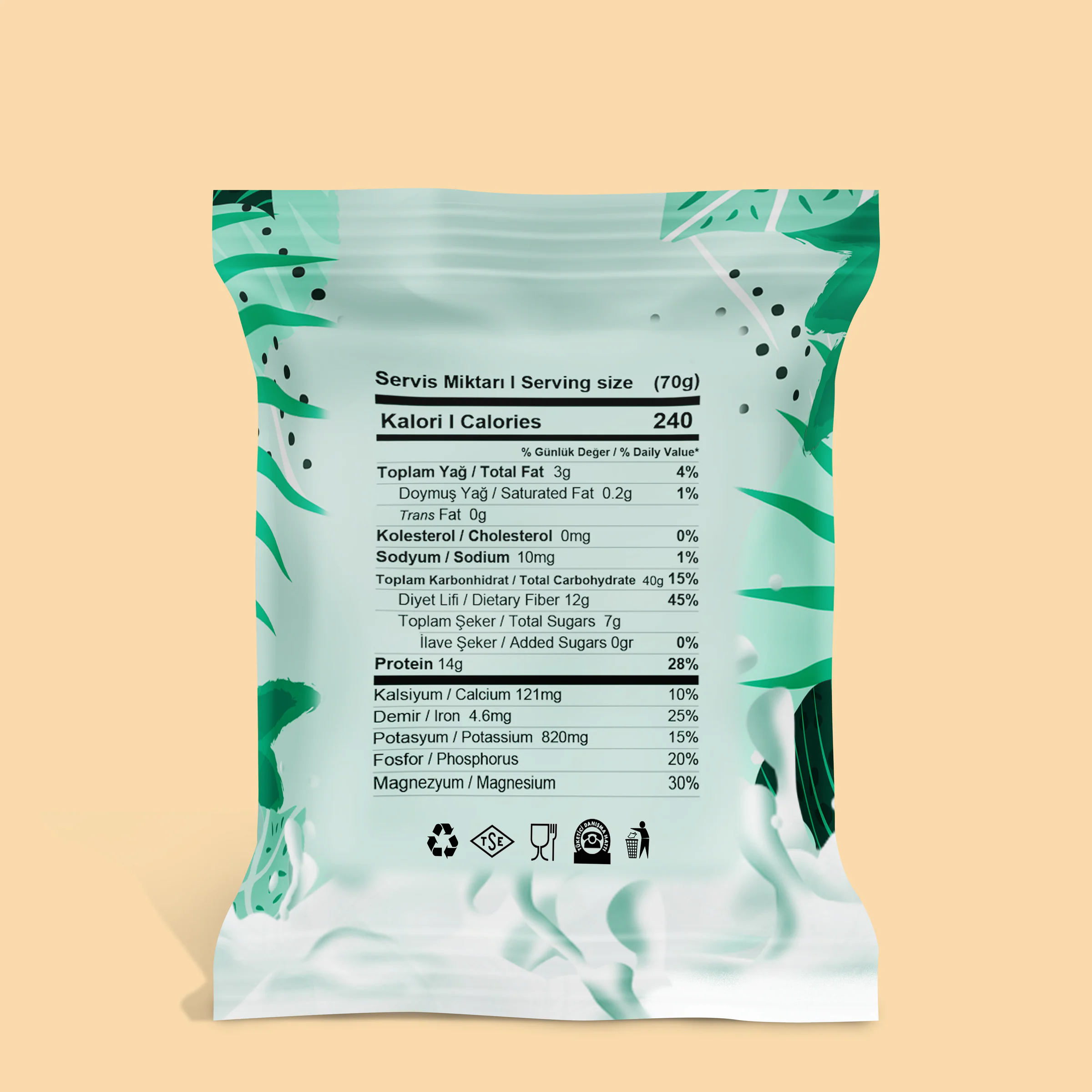 Back of the Aleo pouch with a bilingual Turkish-English nutrition facts table and a row of packaging symbols.